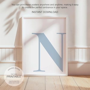Arte de pared azul, póster con la letra N, decoración de habitación preppy, impresión inicial N, lindo arte de pared azul, impresión de una sola letra, decoración de dormitorio, arte de pared imprimible