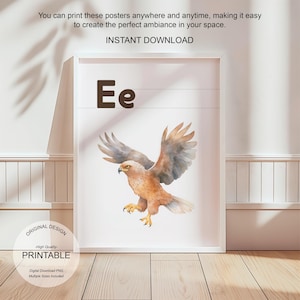 Póster de la letra E con la inicial E, impresión artística para aula, arte de pared neutro con letras del alfabeto para guardería, póster imprimible para educación en casa, amante de la naturaleza