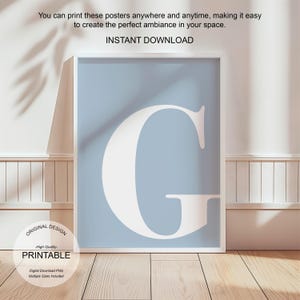 Arte de pared azul, póster con la letra G, decoración de habitación preppy, impresión inicial G, lindo arte de pared azul, impresión de una sola letra, decoración de dormitorio, arte de pared imprimible
