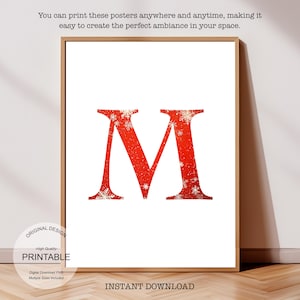 Póster inicial de Navidad, póster de la letra M, monograma de la letra M, impresión inicial, decoración, impresión de una sola letra, decoración de dormitorio, arte de pared imprimible