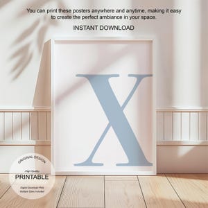 Arte de pared azul, póster con la letra X, decoración de habitación preppy, impresión inicial X, lindo arte de pared azul, impresión de una sola letra, decoración de dormitorio, arte de pared imprimible
