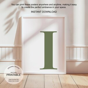 Arte de pared verde, póster con la letra I, decoración de habitación preppy, impresión inicial I, lindo arte de pared verde, impresión de una sola letra, decoración de dormitorio imprimible