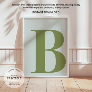 Arte de pared verde, póster con la letra B, decoración de habitación preppy, impresión inicial B, lindo arte de pared verde, impresión de una sola letra, decoración de dormitorio imprimible
