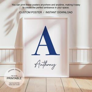 Arte de pared azul personalizado, póster con la letra A, decoración de habitación preppy, impresión inicial A, lindo arte de pared azul, impresión de una sola letra, decoración de dormitorio imprimible