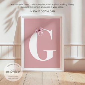 Póster de letra G con arte de pared rosa, decoración de habitación preppy, impresión inicial G, bonito arte de pared rosa, impresión de una sola letra, póster de lazos de moda, arte de pared imprimible