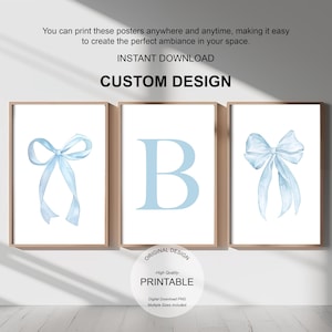 Blue Bows Initial Print Set: Preppy Girly Room Decor (Digital Download)