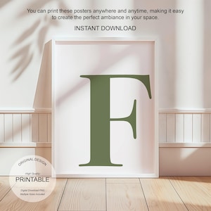 Arte de pared verde, póster con la letra F, decoración de habitación preppy, impresión inicial F, lindo arte de pared verde, impresión de una sola letra, decoración de dormitorio imprimible