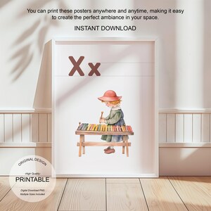 Póster de la letra X con la inicial X, impresión artística para el aula, arte de pared neutro con letras para guardería, póster imprimible para educación en casa, amante de la naturaleza
