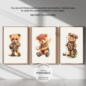 Teddy Bear Sport Prints: Vintage Nursery Decor Set (Digital Download)