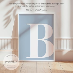 Arte de pared azul, póster con la letra B, decoración de habitación preppy, impresión inicial B, lindo arte de pared azul, impresión de una sola letra, decoración de dormitorio, arte de pared imprimible