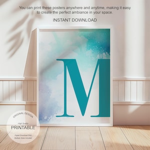 Arte de pared azul, póster con la letra M, decoración de habitación preppy, impresión inicial M, lindo arte de pared azul, impresión de una sola letra, decoración de dormitorio, arte de pared imprimible