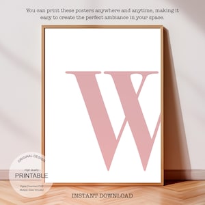 Arte de pared rosa, póster con la letra W, decoración de habitación preppy, impresión inicial W, lindo arte de pared rosa, impresión de una sola letra, decoración de dormitorio, arte de pared imprimible