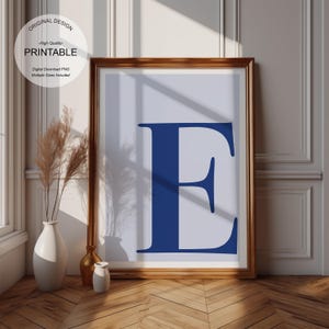 Blue Wall Art, Letter E Poster, Preppy Room Decor, E Initial Print Cute Blue Wall Art Single Letter Print Dorm Room Decor Printable Wall Art