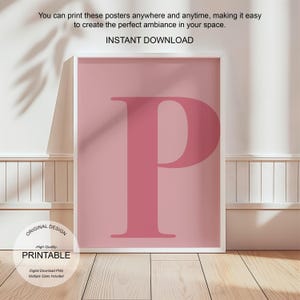 Arte de pared rosa, póster con la letra P, decoración de habitación preppy, impresión inicial P, lindo arte de pared rosa, impresión de una sola letra, decoración de dormitorio, arte de pared imprimible