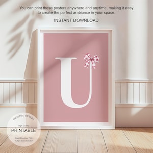 Póster de letra U con arte de pared rosa, decoración de habitación preppy, impresión inicial U, lindo arte de pared rosa, impresión de una sola letra, póster de lazos de moda, arte de pared imprimible