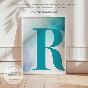 Arte de pared azul, póster con la letra R, decoración de habitación preppy, impresión inicial R, lindo arte de pared azul, impresión de una sola letra, decoración de dormitorio, arte de pared imprimible