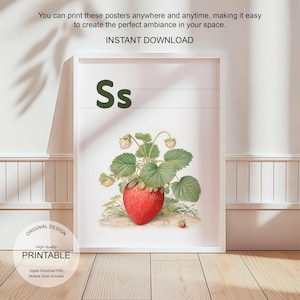 Póster con la letra S con la inicial S, impresión artística para el aula, arte de pared neutro con letras del alfabeto para guardería, póster imprimible para educación en el hogar para niños, amantes de la naturaleza