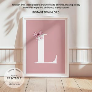 Pôster de arte de parede rosa com letra L, decoração de quarto elegante, impressão inicial L, arte de parede rosa fofa, impressão de uma única letra, pôster de laços da moda, arte de parede para impressão