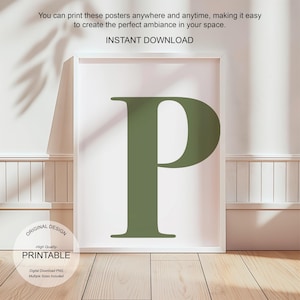 Arte de pared verde, póster con la letra P, decoración de habitación preppy, impresión inicial P, lindo arte de pared verde, impresión de una sola letra, decoración de dormitorio imprimible