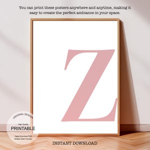 Arte de pared rosa, póster con la letra Z, decoración de habitación preppy, impresión inicial Z, lindo arte de pared rosa, impresión de una sola letra, decoración de dormitorio, arte de pared imprimible