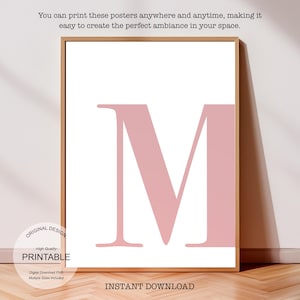 Arte de pared rosa, póster con la letra M, decoración de habitación preppy, impresión inicial M, lindo arte de pared rosa, impresión de una sola letra, decoración de dormitorio, arte de pared imprimible