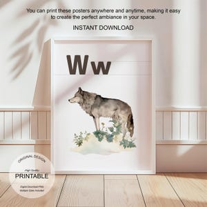 Póster de la letra W con la inicial W, impresión artística para el aula, arte de pared neutro para guardería, letras para niños, póster imprimible para educación en el hogar, amante de la naturaleza