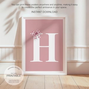 Póster de letra H con arte de pared rosa, decoración de habitación preppy, impresión inicial H, bonito arte de pared rosa, impresión de una sola letra, póster de lazos de moda, arte de pared imprimible