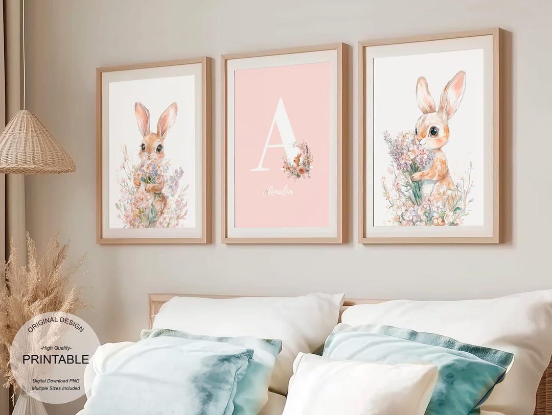 Girls Nursery Prints, Set of 3 Personalised Pink Bunny Nursery Prints ...