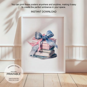 Blue Preppy Bows Coquette Print Digital Download for Girly and Baby Room Decor, Trendy Watercolor Printable Wall Art for Aesthetic Apartment
