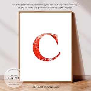 Póster inicial de Navidad, póster de la letra C, monograma de la letra C, decoración con impresión inicial, impresión de una sola letra, decoración de dormitorio, arte de pared imprimible