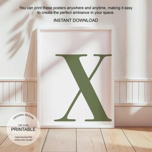 Arte de pared verde, póster con la letra X, decoración de habitación preppy, impresión inicial X, lindo arte de pared verde, impresión de una sola letra, decoración de dormitorio imprimible