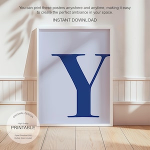 Arte de pared azul, póster con la letra Y, decoración de habitación preppy, impresión inicial Y, lindo arte de pared azul, impresión de una sola letra, decoración de dormitorio, arte de pared imprimible