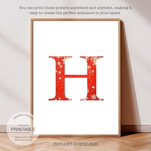 Póster inicial de Navidad, póster de la letra H, monograma de la letra H, decoración con impresión inicial, impresión de una sola letra, decoración de dormitorio, arte de pared imprimible
