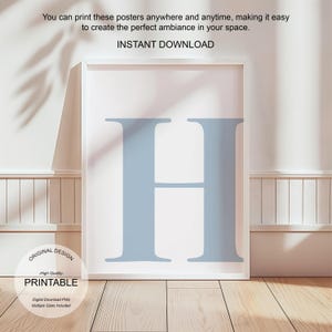 Arte de pared azul, póster con la letra H, decoración de habitación preppy, impresión inicial H, lindo arte de pared azul, impresión de una sola letra, decoración de dormitorio, arte de pared imprimible