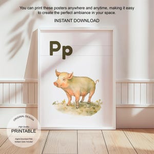 Póster de la letra P con la inicial P, impresión artística para aula, arte de pared neutro con letras ABC para guardería, póster imprimible para educación en casa, amante de la naturaleza