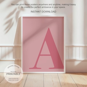 Arte de pared rosa, póster con la letra A, decoración de habitación preppy, impresión inicial A, lindo arte de pared rosa, impresión de una sola letra, decoración de dormitorio, arte de pared imprimible
