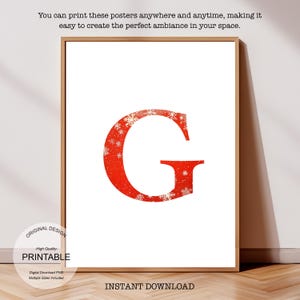 Póster inicial de Navidad, póster de la letra G, monograma de la letra G, decoración con impresión inicial, impresión de una sola letra, decoración de dormitorio, arte de pared imprimible
