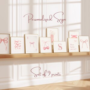 Pink Watercolor Bow Print Set of 9: Custom Initial Nursery Art (Digital Download)