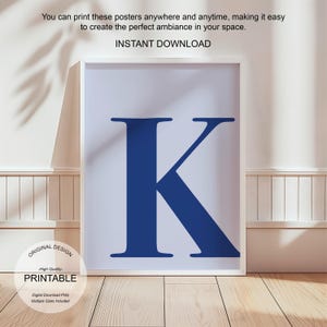 Arte de pared azul, póster con la letra K, decoración de habitación preppy, impresión inicial K, lindo arte de pared azul, impresión de una sola letra, decoración de dormitorio, arte de pared imprimible