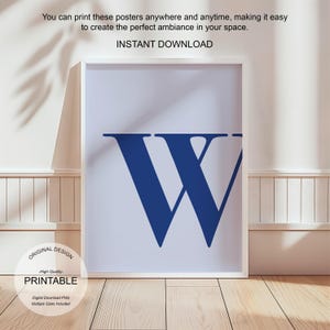 Arte de pared azul, póster con la letra W, decoración de habitación preppy, impresión inicial W, lindo arte de pared azul, impresión de una sola letra, decoración de dormitorio, arte de pared imprimible