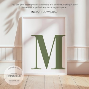 Arte de pared verde, póster con la letra M, decoración de habitación preppy, impresión inicial M, lindo arte de pared verde, impresión de una sola letra, decoración de dormitorio imprimible