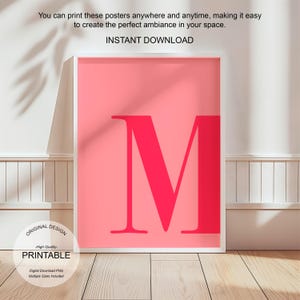 Arte de pared rosa, póster con la letra M, decoración de habitación preppy, impresión inicial M, lindo arte de pared rosa, impresión de una sola letra, decoración de dormitorio, arte de pared imprimible
