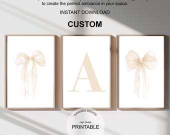 Custom Name Print Set: Beige Bow, Preppy Teen Decor (Digital Download)
