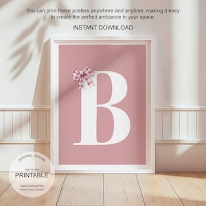 Póster de letra B con arte de pared rosa, decoración de habitación preppy, impresión inicial B, lindo arte de pared rosa, impresión de una sola letra, póster de lazos de moda, arte de pared imprimible
