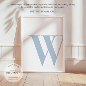 Arte de pared azul, póster con la letra W, decoración de habitación preppy, impresión inicial W, lindo arte de pared azul, impresión de una sola letra, decoración de dormitorio, arte de pared imprimible