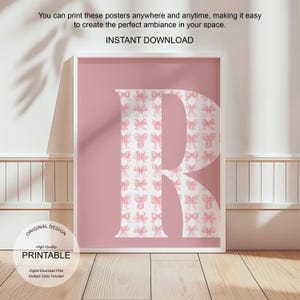 Póster de letra R con arte de pared rosa, decoración de habitación preppy, impresión inicial R, lindo arte de pared rosa, impresión de una sola letra, póster de lazos de moda, arte de pared imprimible