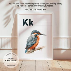 Póster de la letra K con la inicial K, impresión artística para el aula, arte de pared neutro con letras para guardería, póster imprimible para educación en el hogar, amante de la naturaleza