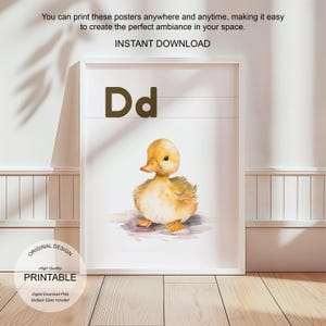 Póster de la letra D con la inicial D, impresión artística para el aula, arte de pared neutro con letras del alfabeto para guardería, póster imprimible para educación en el hogar, amante de la naturaleza
