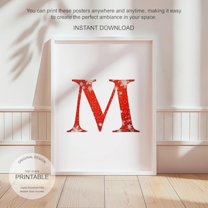 Póster inicial de Navidad, póster de la letra M, monograma de la letra M, impresión inicial, decoración, impresión de una sola letra, decoración de dormitorio, arte de pared imprimible