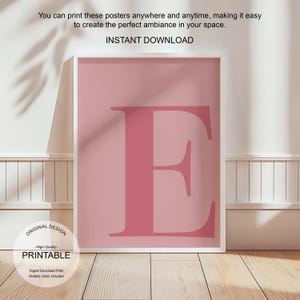 Arte de pared rosa, póster con la letra E, decoración de habitación preppy, impresión inicial E, lindo arte de pared rosa, impresión de una sola letra, decoración de dormitorio, arte de pared imprimible